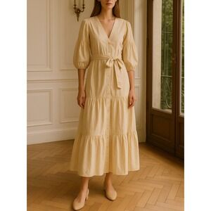 Maeve 100% Cotton 3/4 Puff Sleeve Maxi Dress Sz 4 SMALL Cream Waist Tie V Neck S